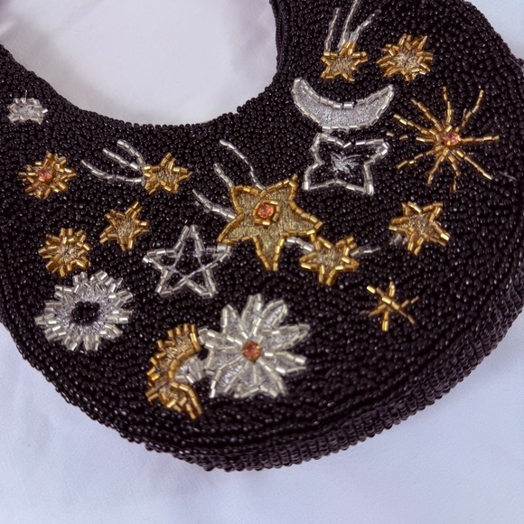New Black Beaded Crescent Moon Star Celestial Handbag Purse Hand Made in India - Picture 2 of 14